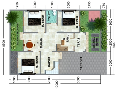 Semoga contoh gambar denah rumah minimalis type 60 dengan tiga kamar
